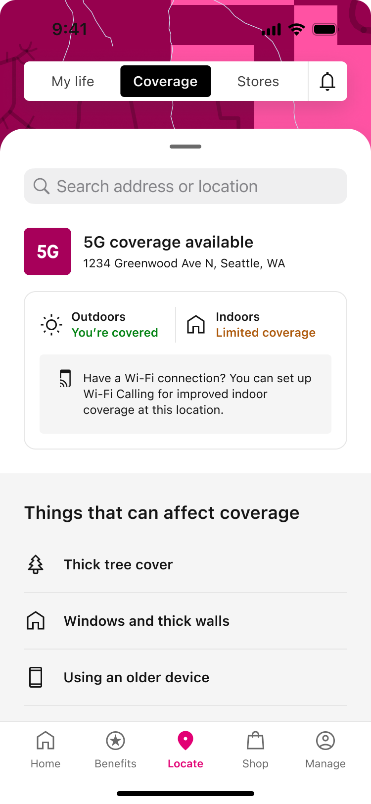 Coverage sheet: 5G coverage available, outdoors you’re covered, indoors limited coverage, Wi-Fi Calling tip, and things that can affect coverage