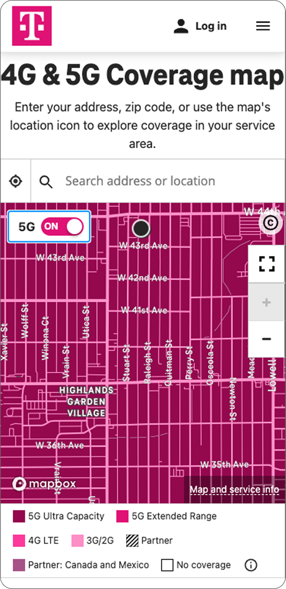Before: the previous T-Mobile coverage map with a dense magenta legend