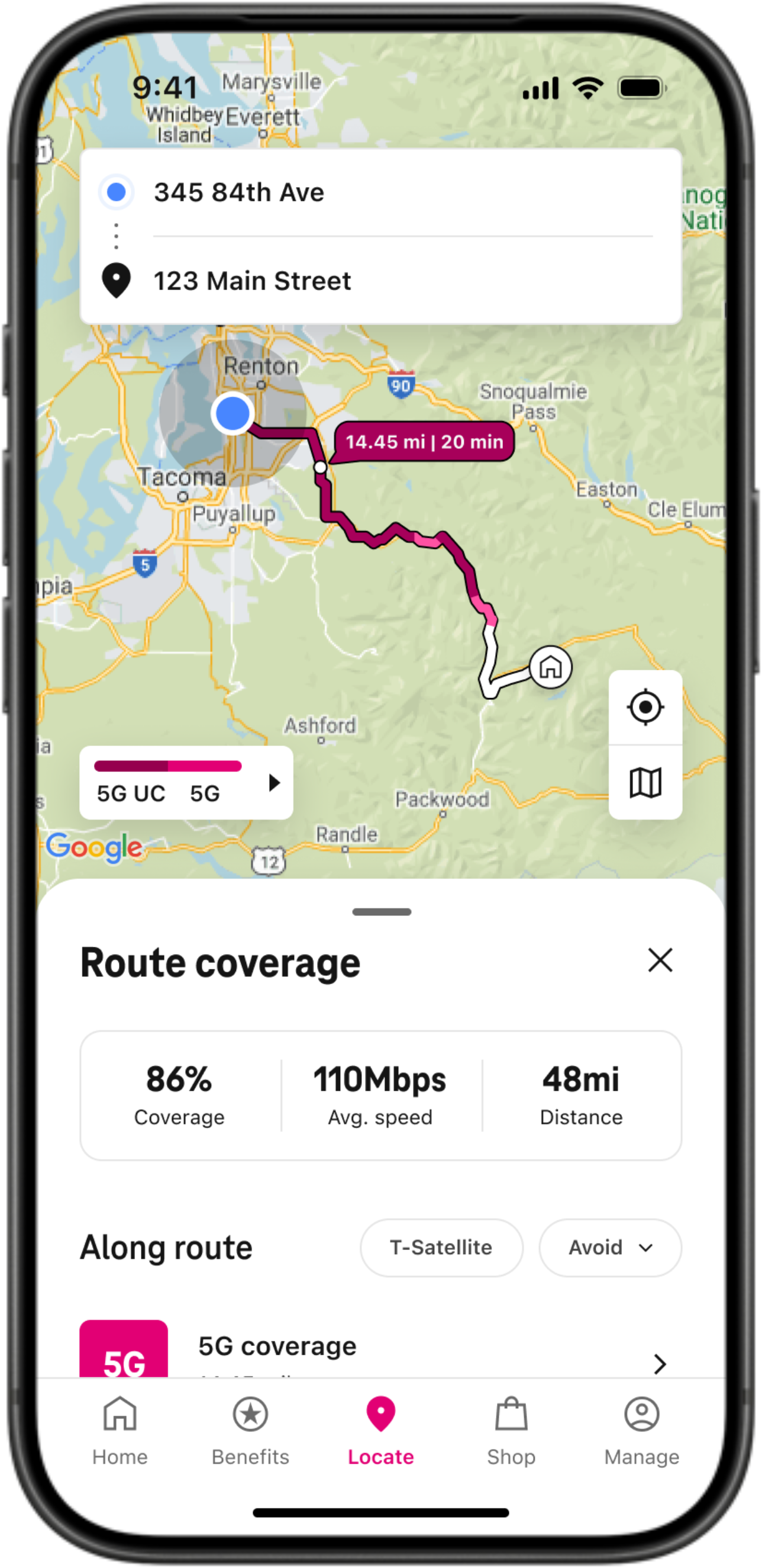 Coverage along a driving route, previewed before you go