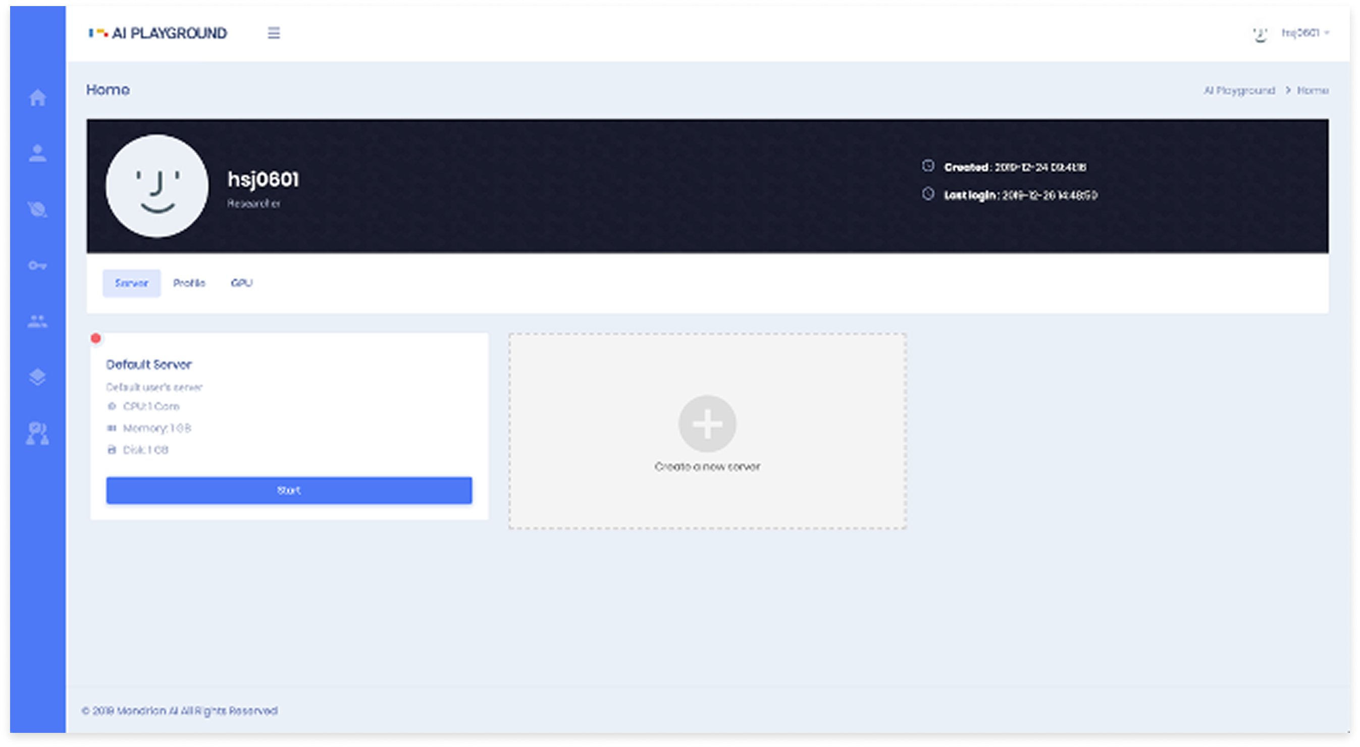 Before: the inherited dashboard: a user profile banner, one default server, and CPU, memory and disk figures