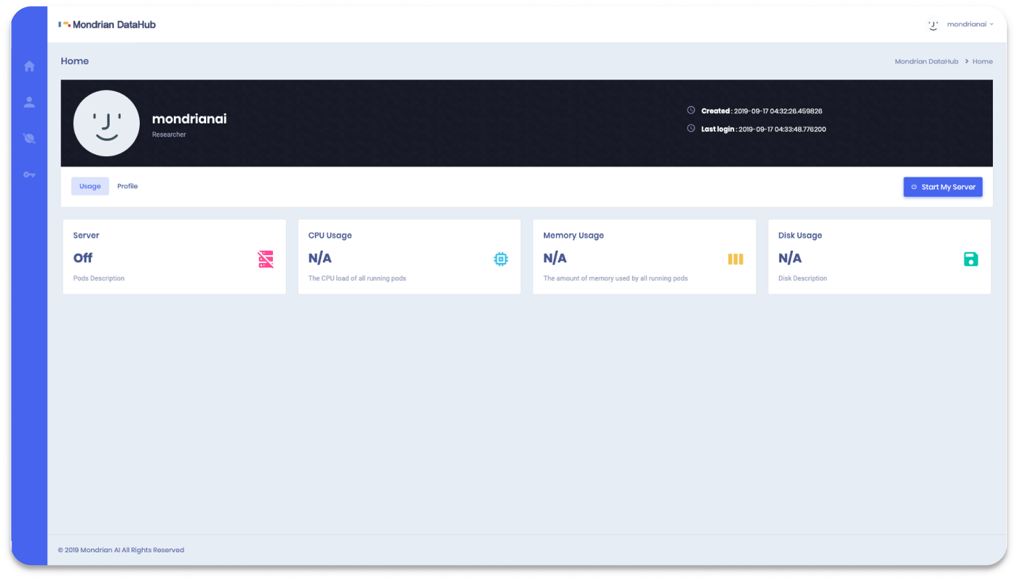 The inherited prototype home: a profile banner, a Start My Server button, and four cards reading Off, N/A, N/A, N/A