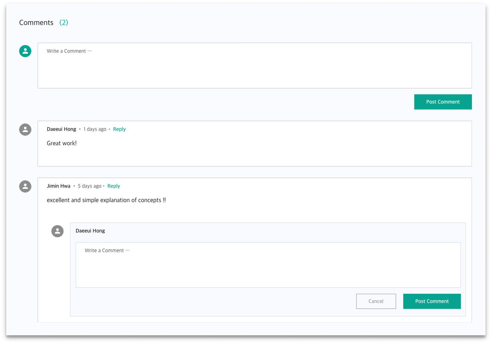 A comment thread on a dataset page with replies