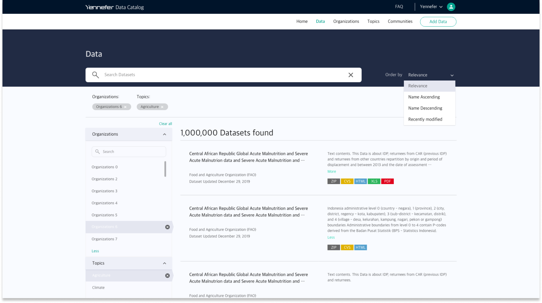 Data Catalog search: one million datasets found, filtered by organization and topic, sorted by relevance