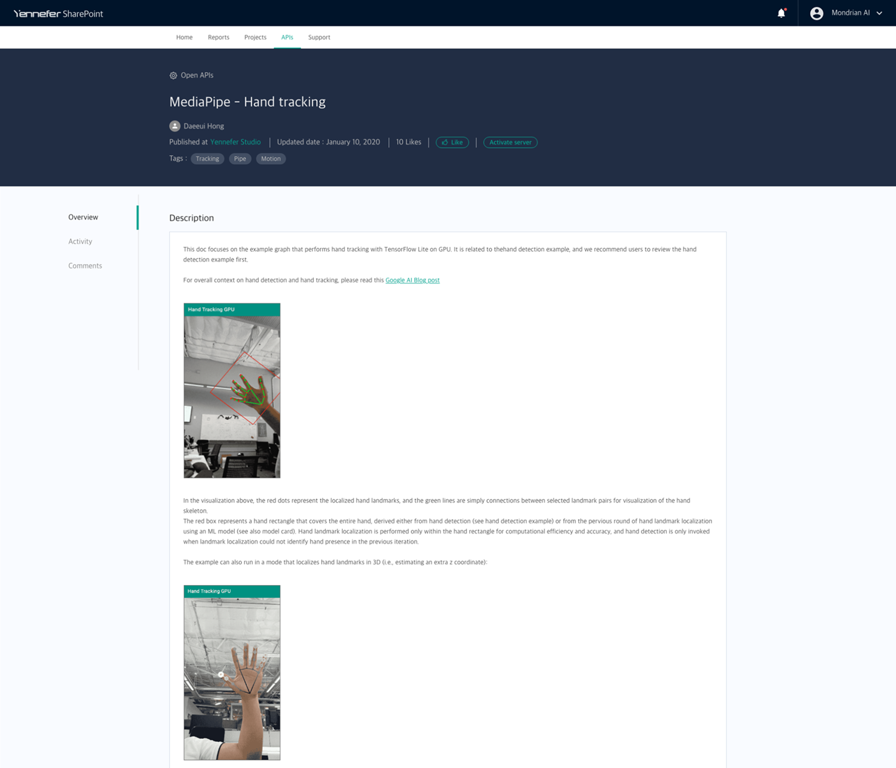 A dataset detail page with description, publisher, update date, tags and an activate server action