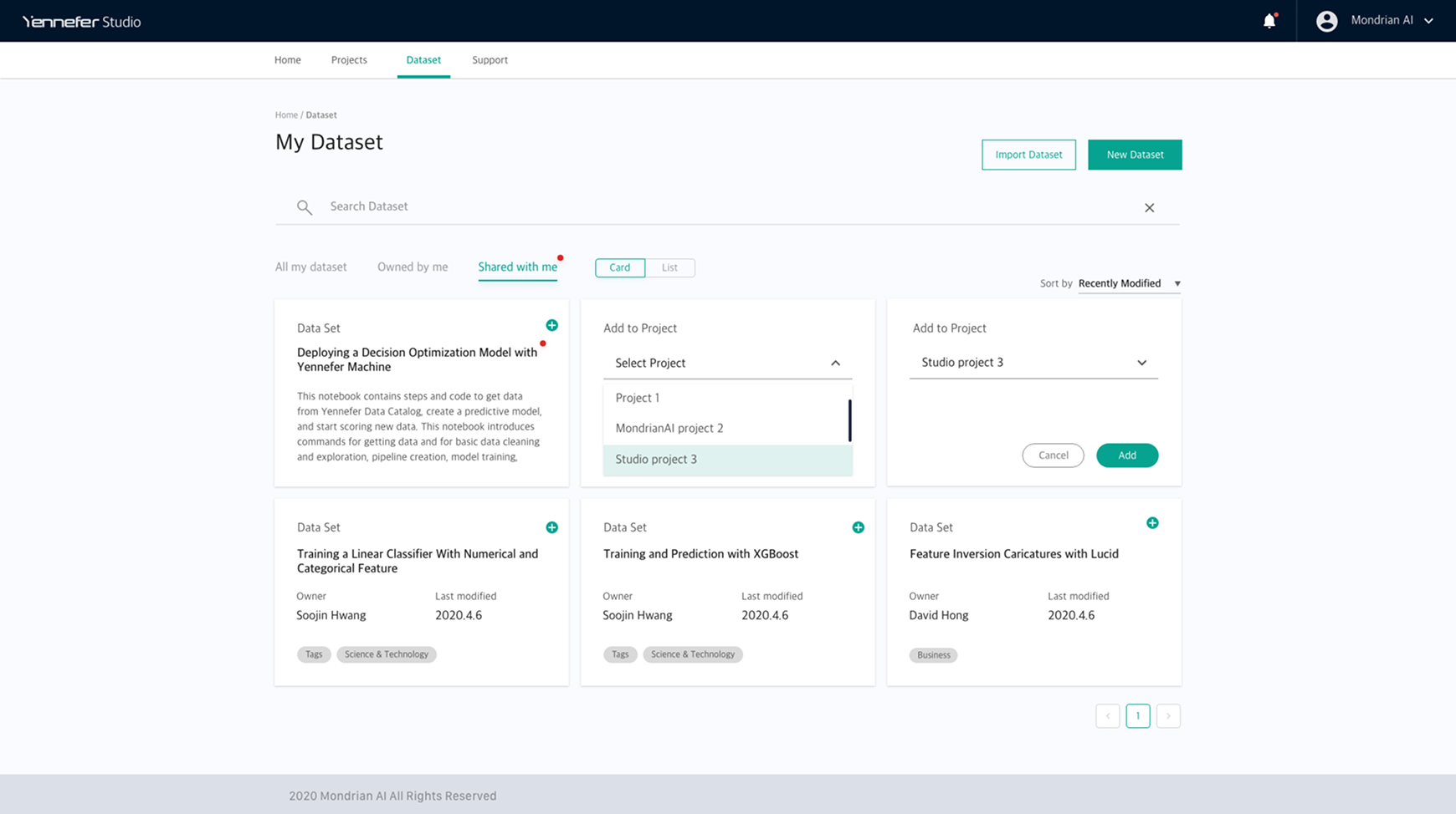 Import into an existing Studio project: a dataset card with a project selector