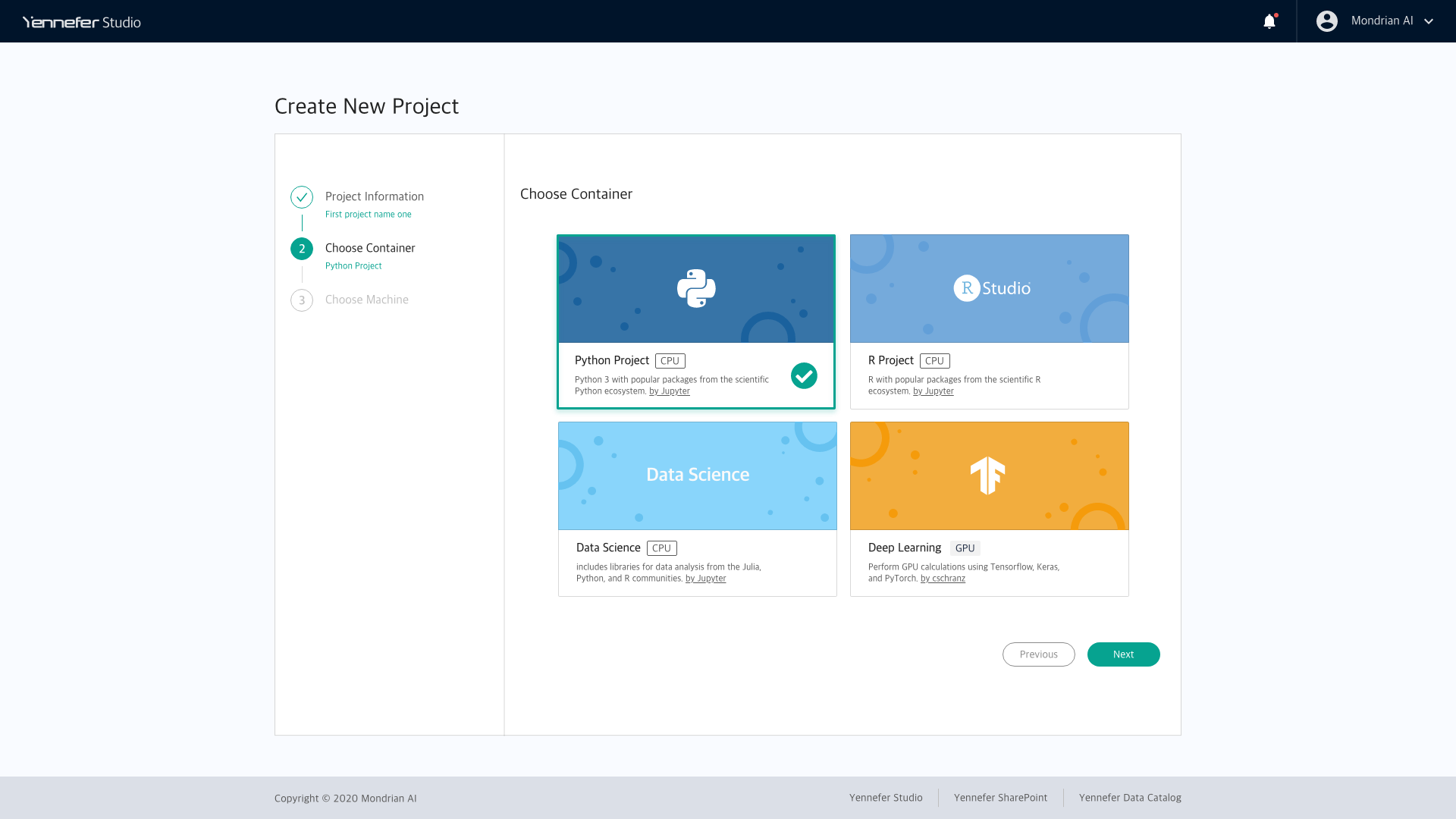 Create new project flow, choosing a container