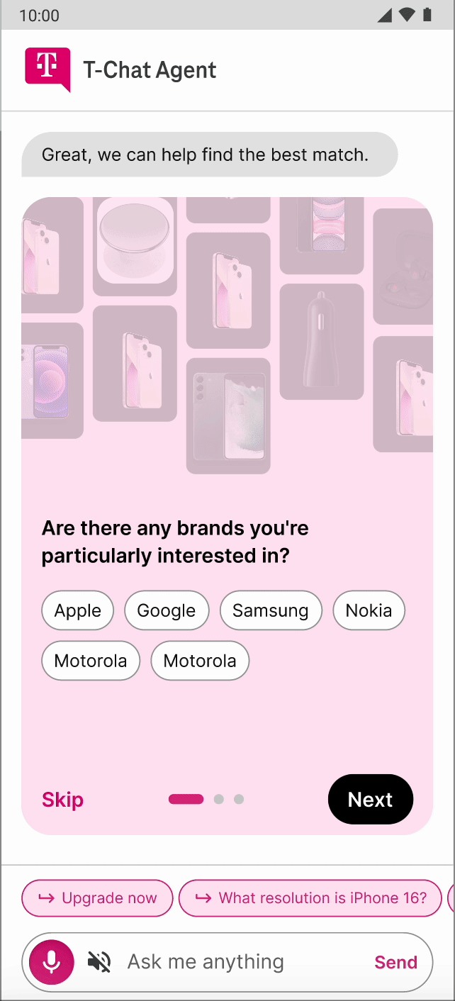 After: tappable brand choices inside the assistant