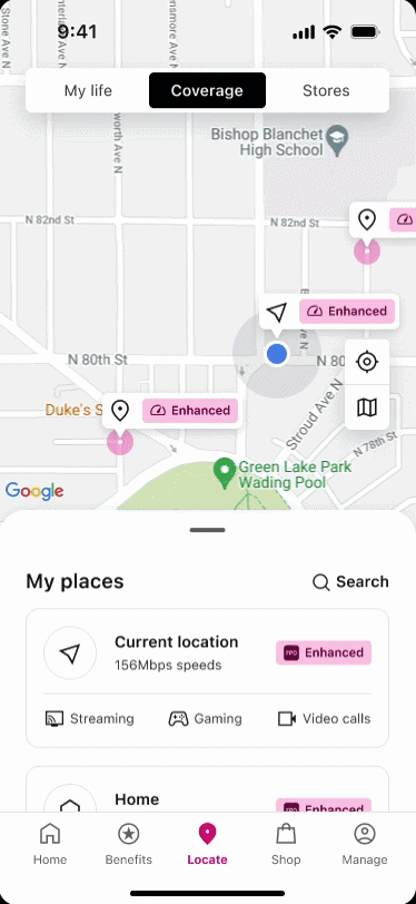 International roaming: the Coverage tab showing enhanced service on a map