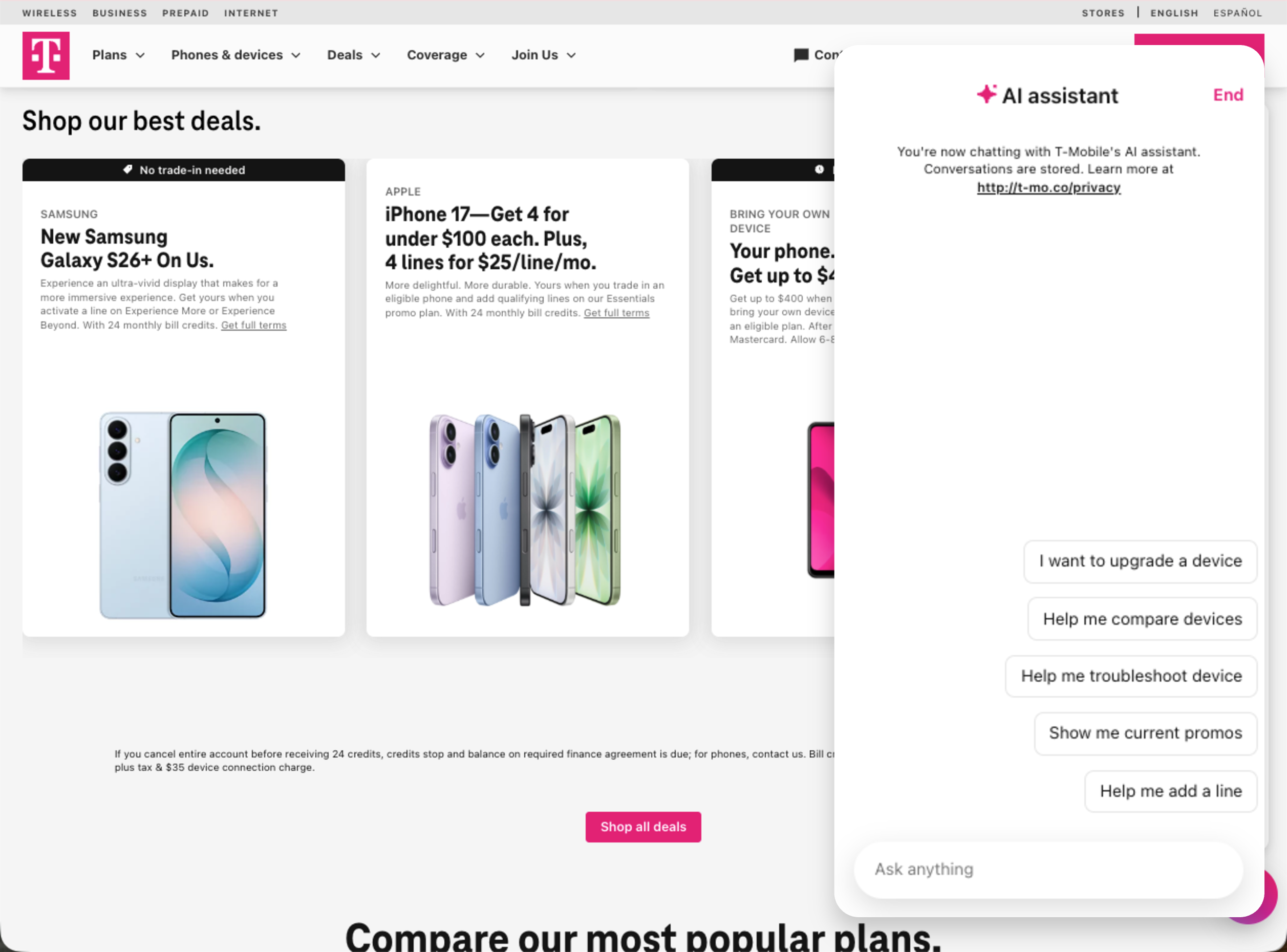 T-Mobile.com with the AI assistant open in a side panel
