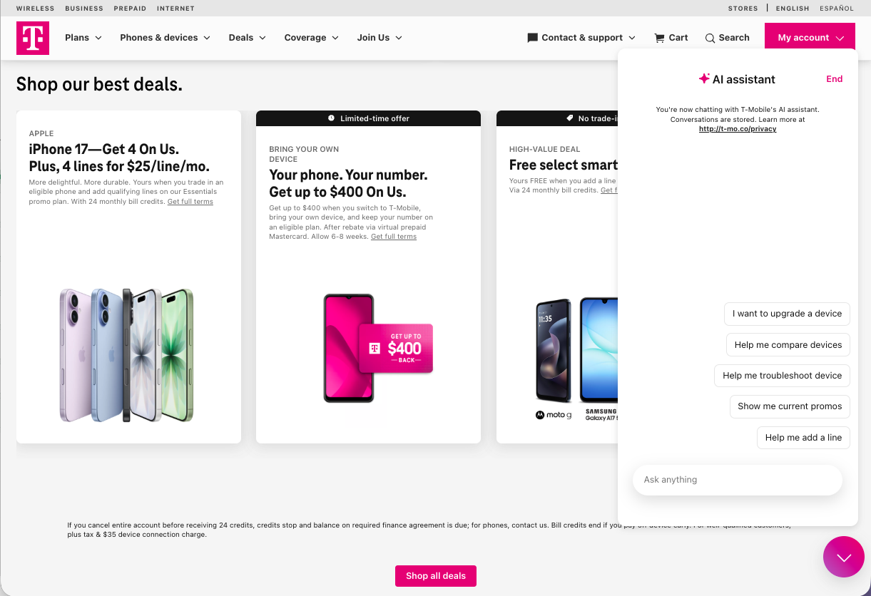 The current T-Mobile shop page with the AI assistant open — a wall of promos and scripted prompts