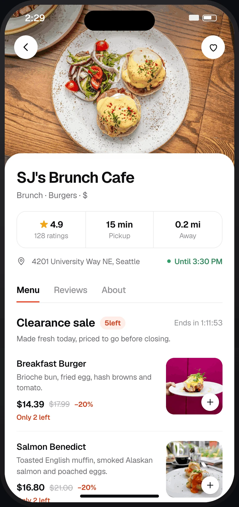Final: restaurant page with a clearance sale section