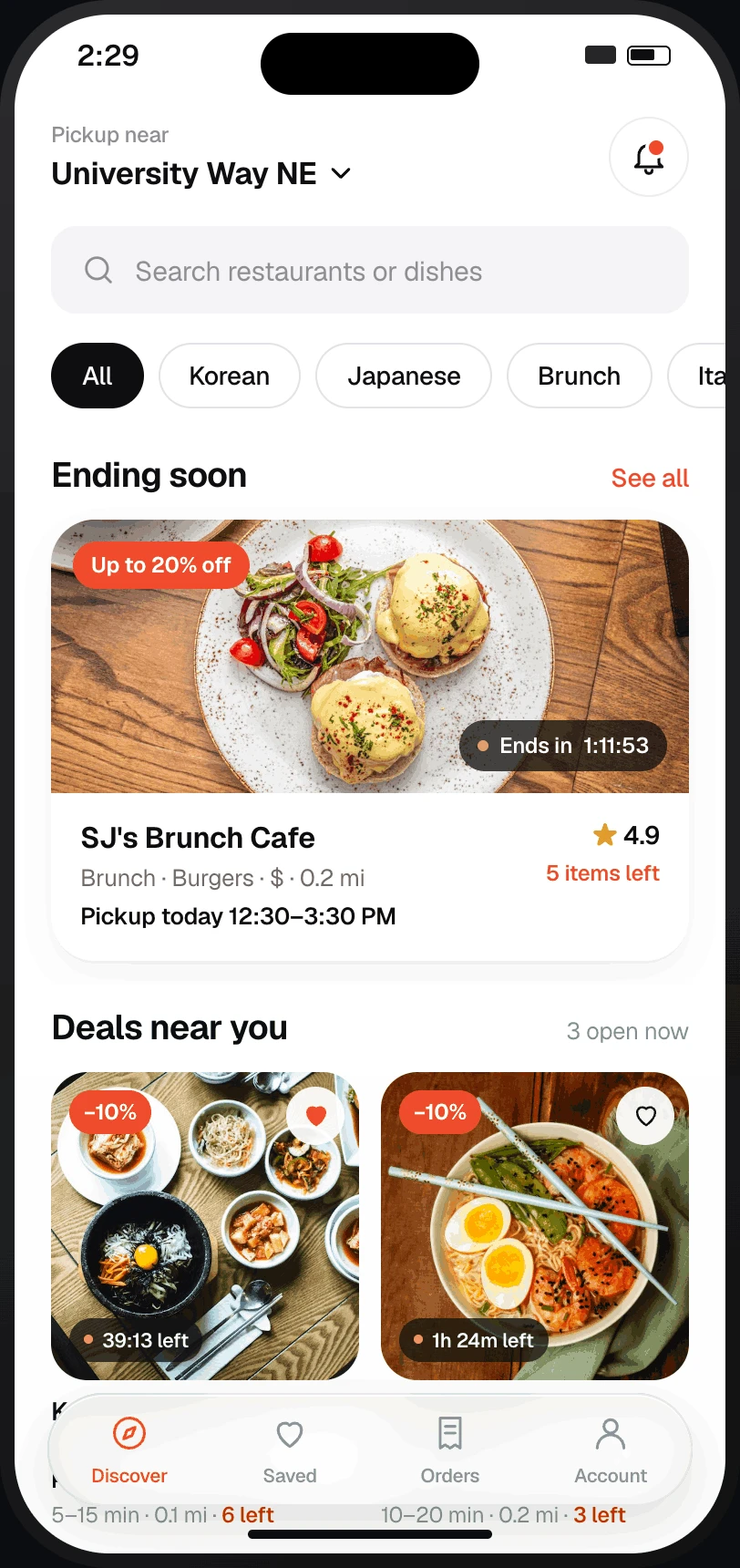 Final: restaurant cards with discount badges, ratings, and pickup time