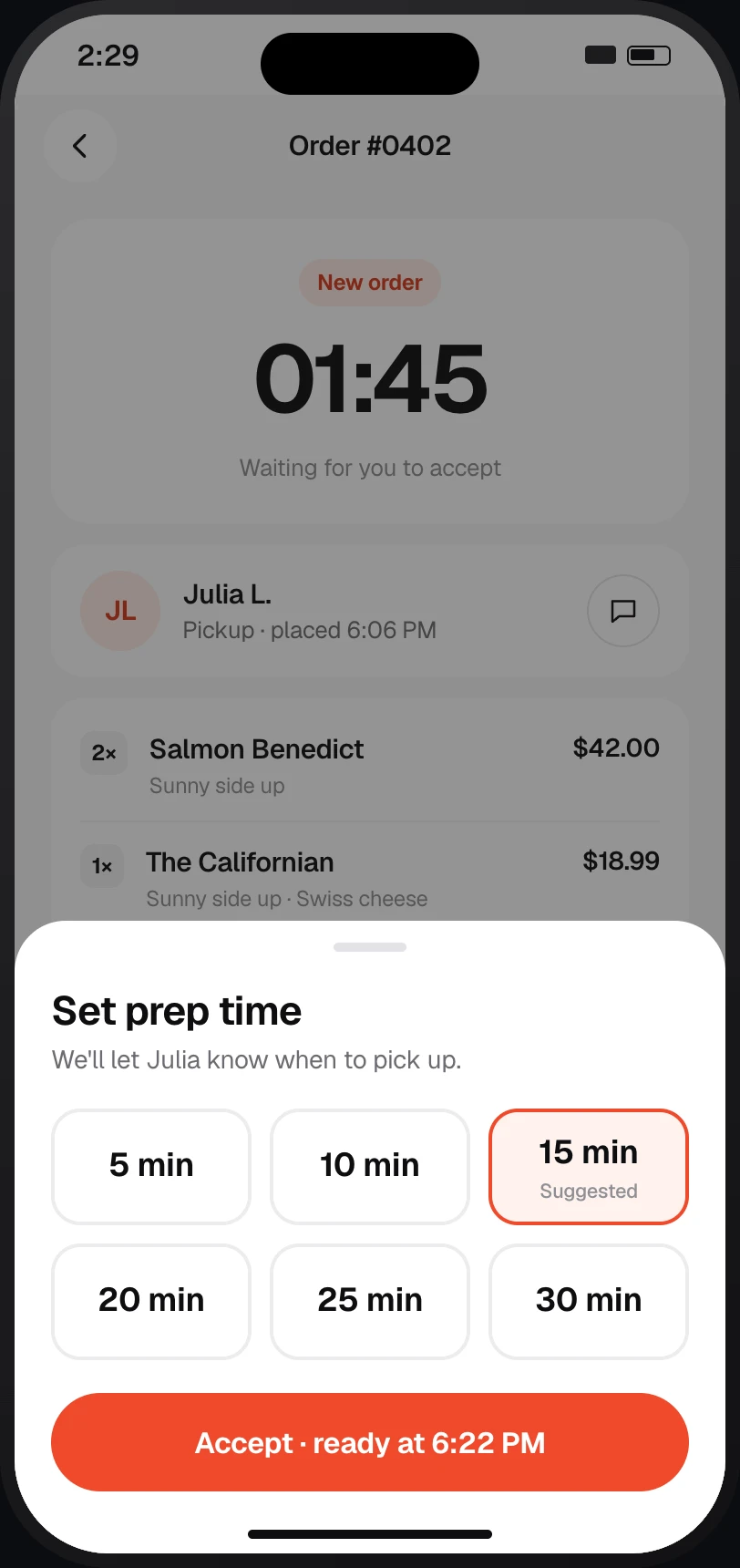 Restaurant owner app: Prep time