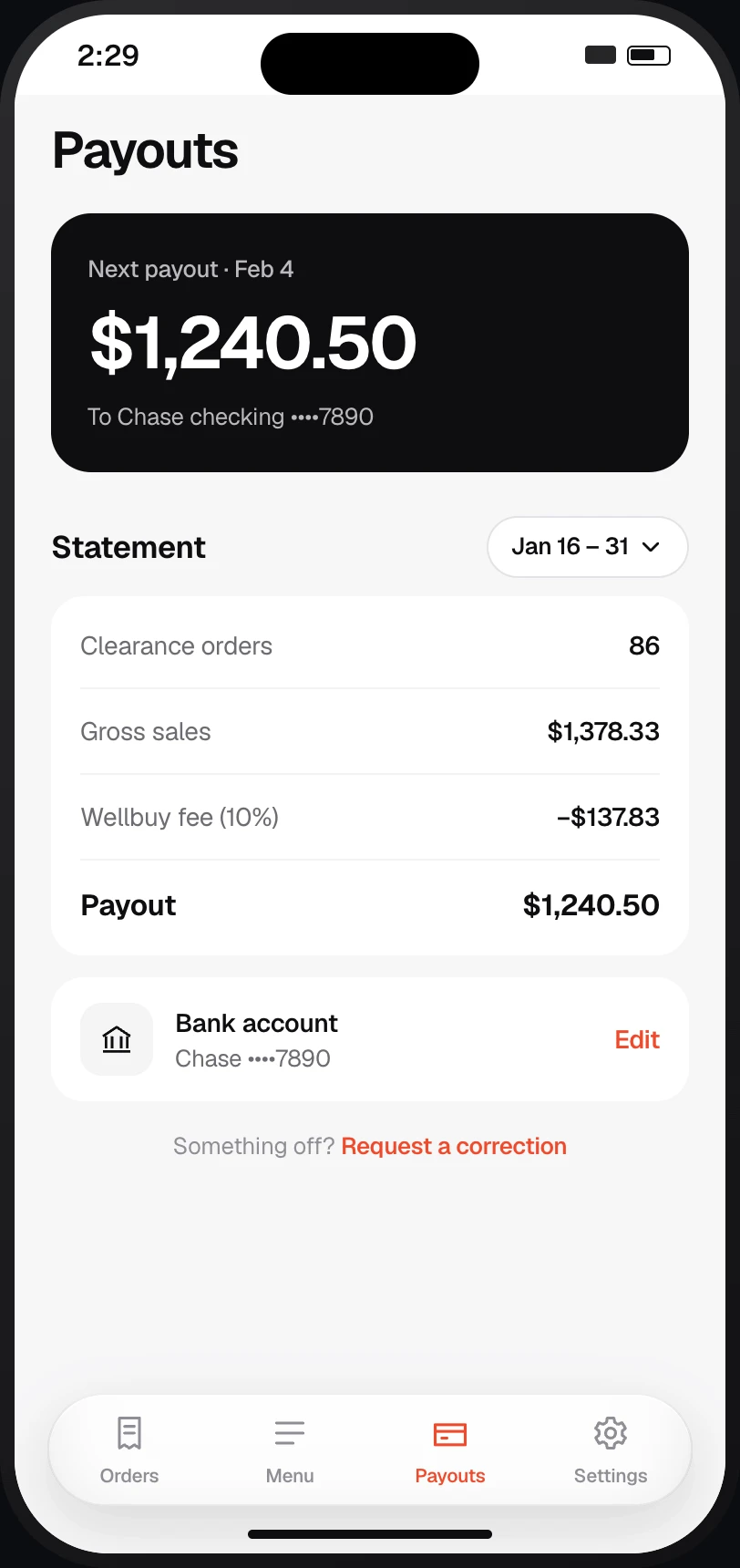 Restaurant owner app: Payouts